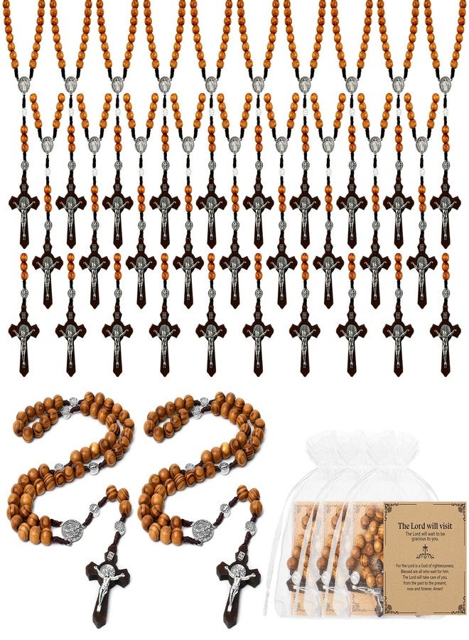 Taikula 30 PCs Wooden Rosary Necklace, Rosary Beads Catholic Handmade Beads Necklace, Prayer Holy Soil Medal and Metal Cross For Catholic Or Christian Gift, Pouch Baptism Favors Gift - Image 1